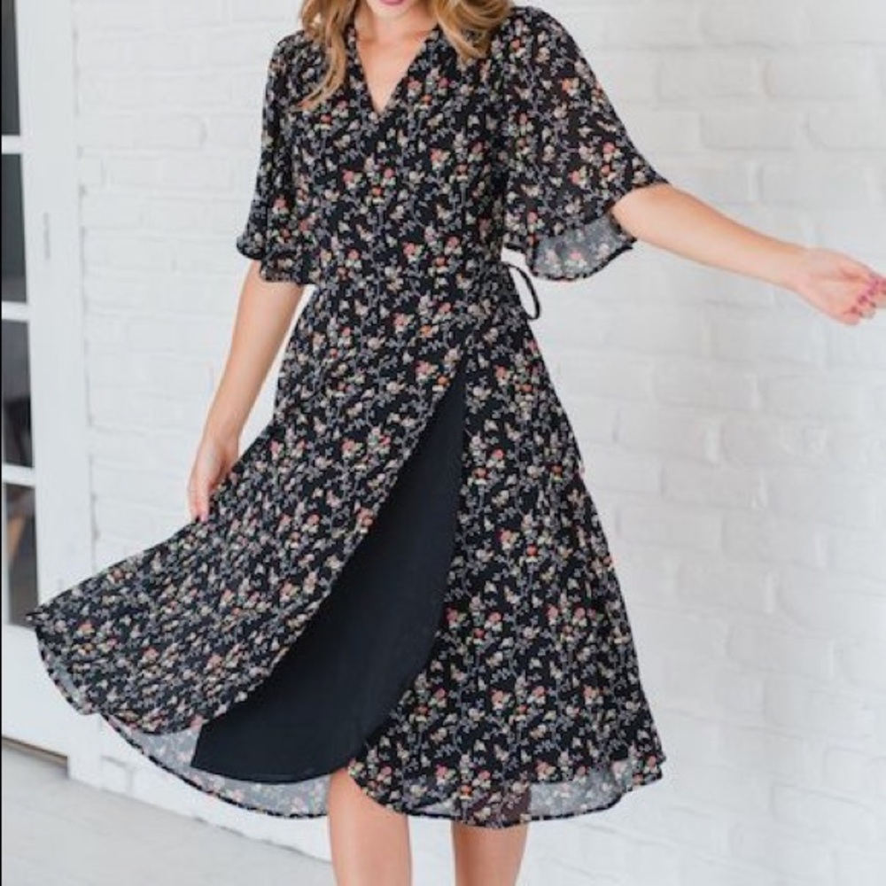 Black Floral Wrap Dress